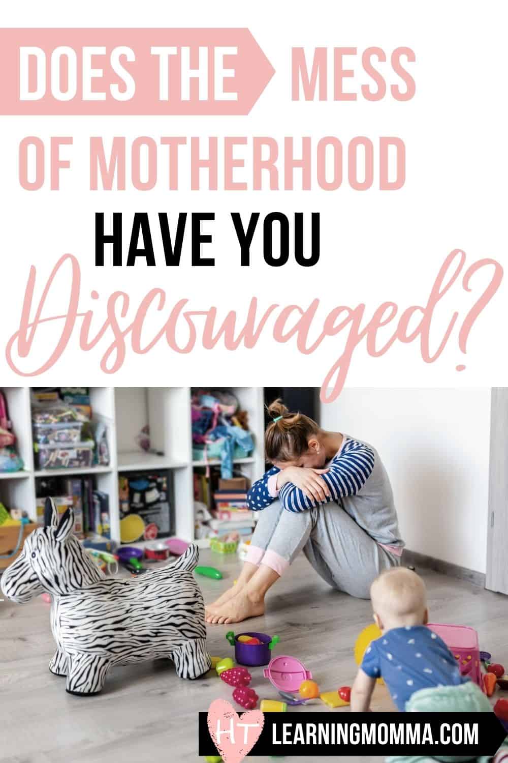 stressed out mom on a messy floor with title text
