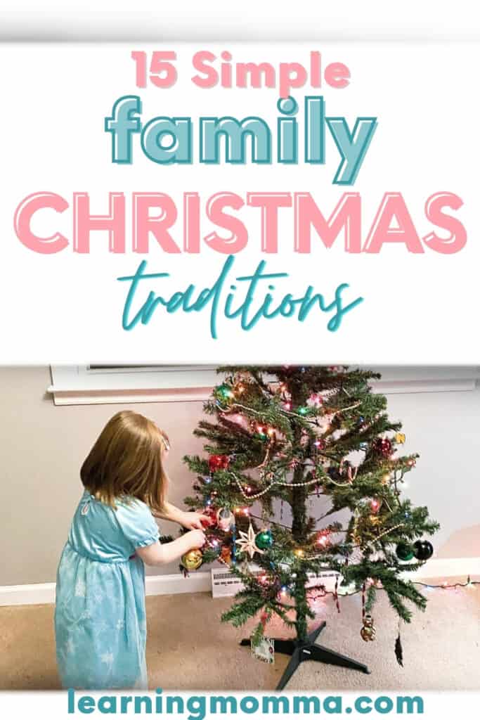 Pinterest image of girl decorating christmas tree