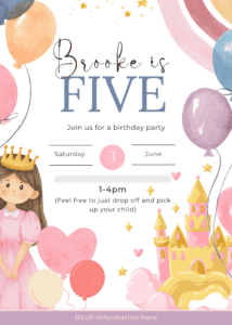princess birthday party invitation for a five year old with castle, little princess, and balloons